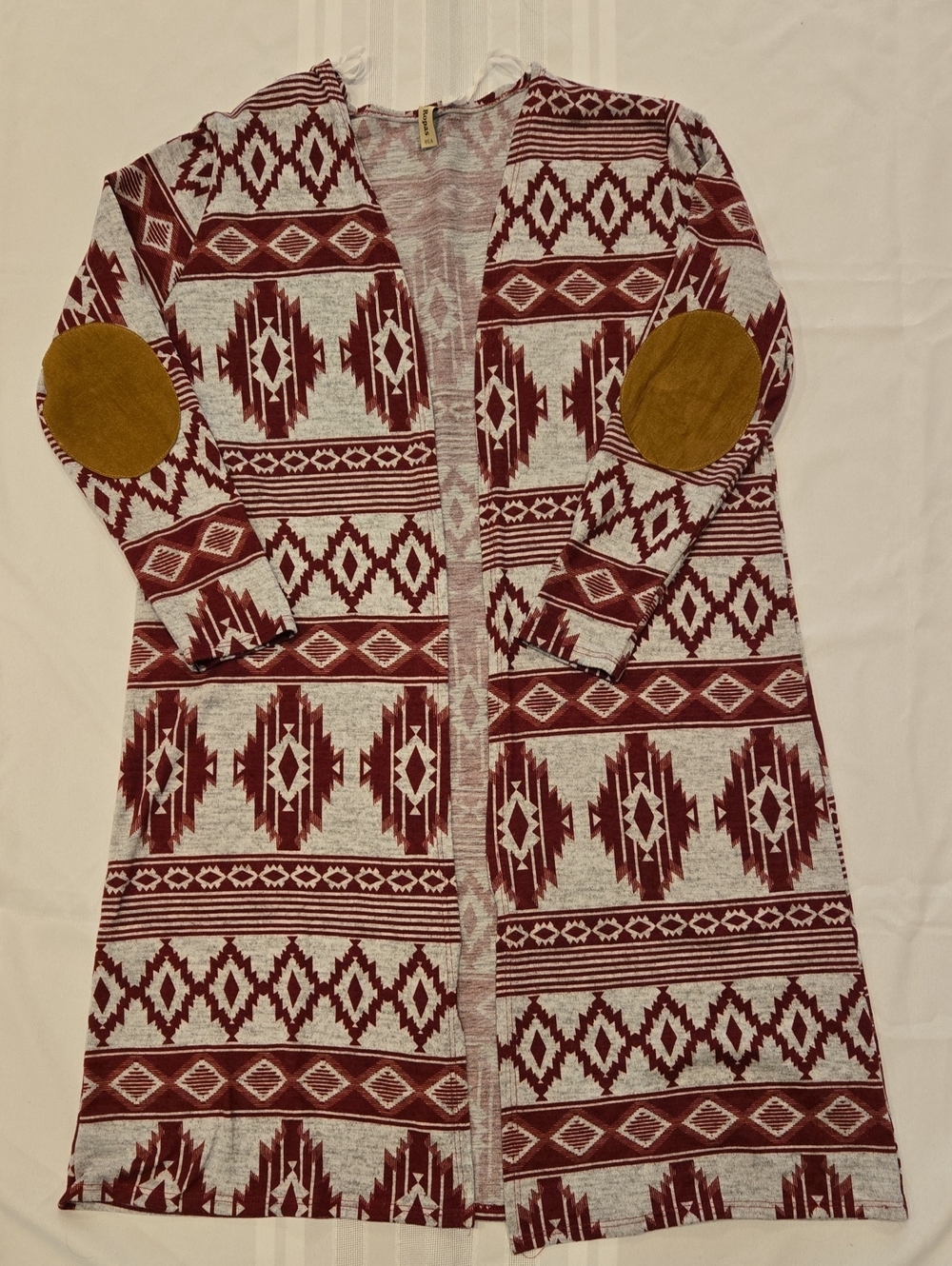 Open-Front Aztec Knit Cardigan with Tan Elbow Patches - Burgundy/Gray